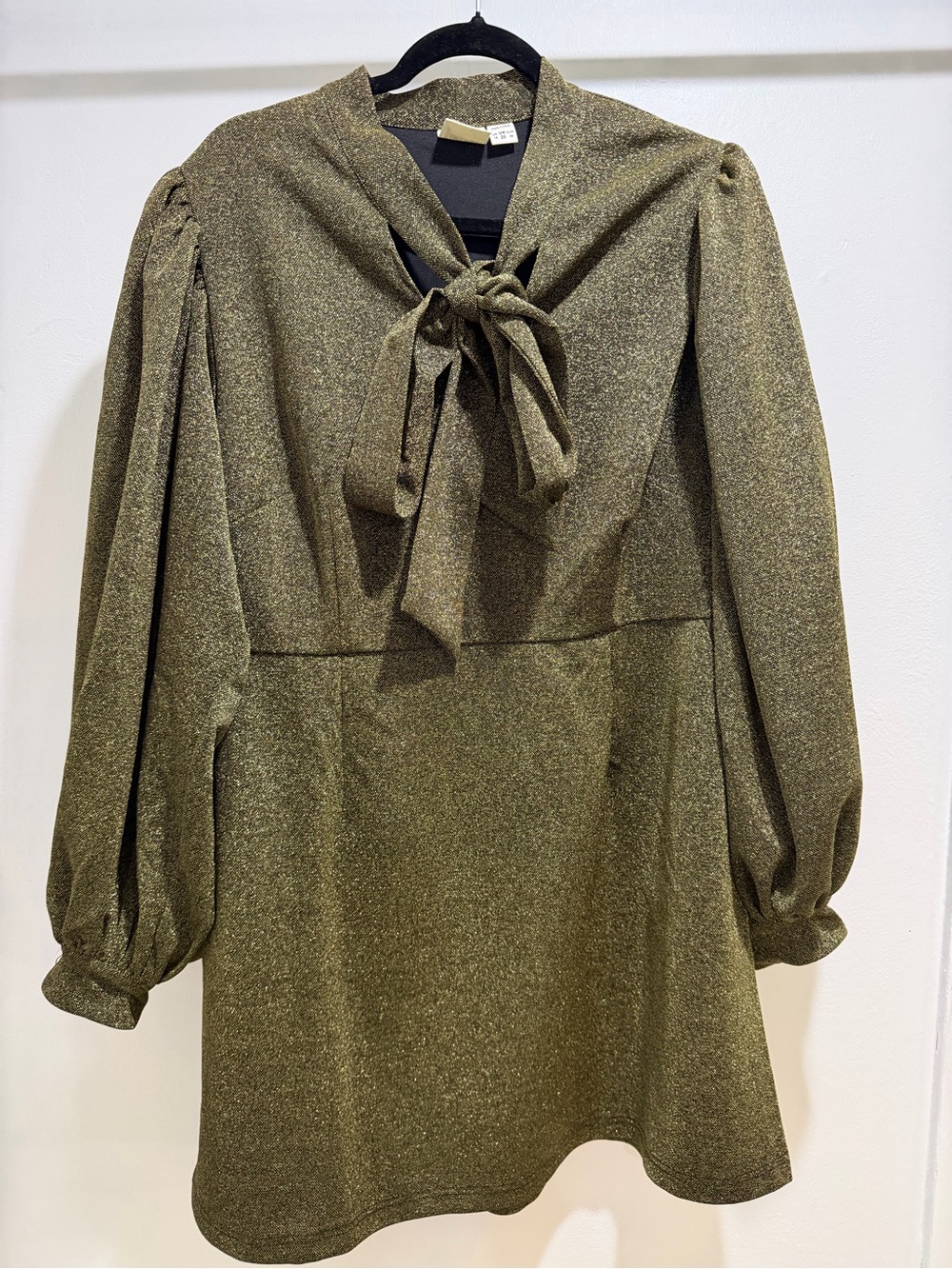 Tie-Neck Long Sleeve Dress in Sparkly Gold